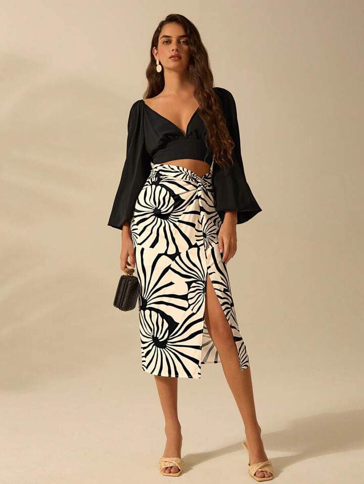 CM-BS948531 Women Trendy Bohemian Style High Waist Tropical All-Over Print Midi Skirt