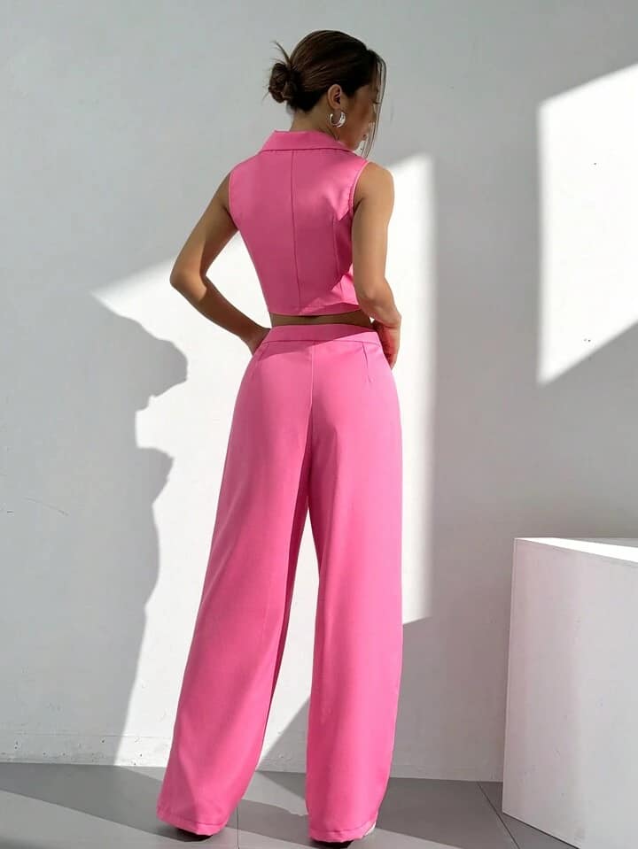 CM-SS876528 Women Elegant Seoul Style Lapel Neckline Double-Breasted Vest With Trousers Suit - Hot Pink