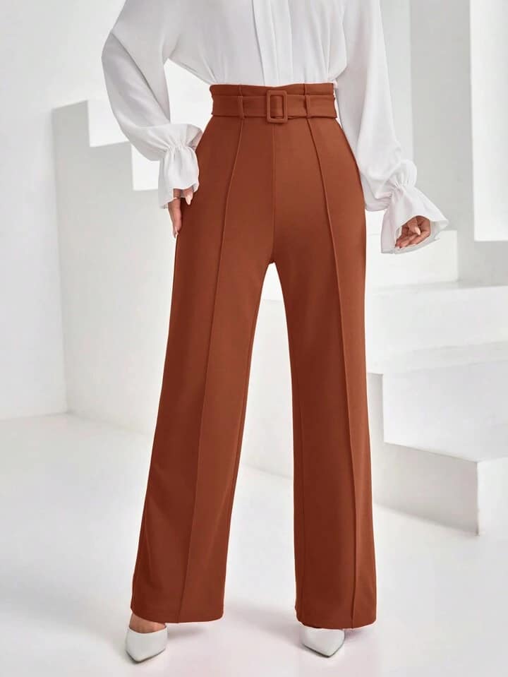 CM-BS435607 Women Casual Seoul Style Ultra High Waist Belt Loop Straight Trousers - Rust Brown