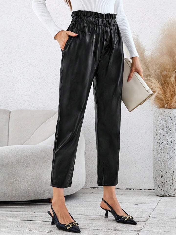 CM-BS139166 Women Casual Seoul Style Pleated Pocket Straight Leg Casual Cropped Pants - Black