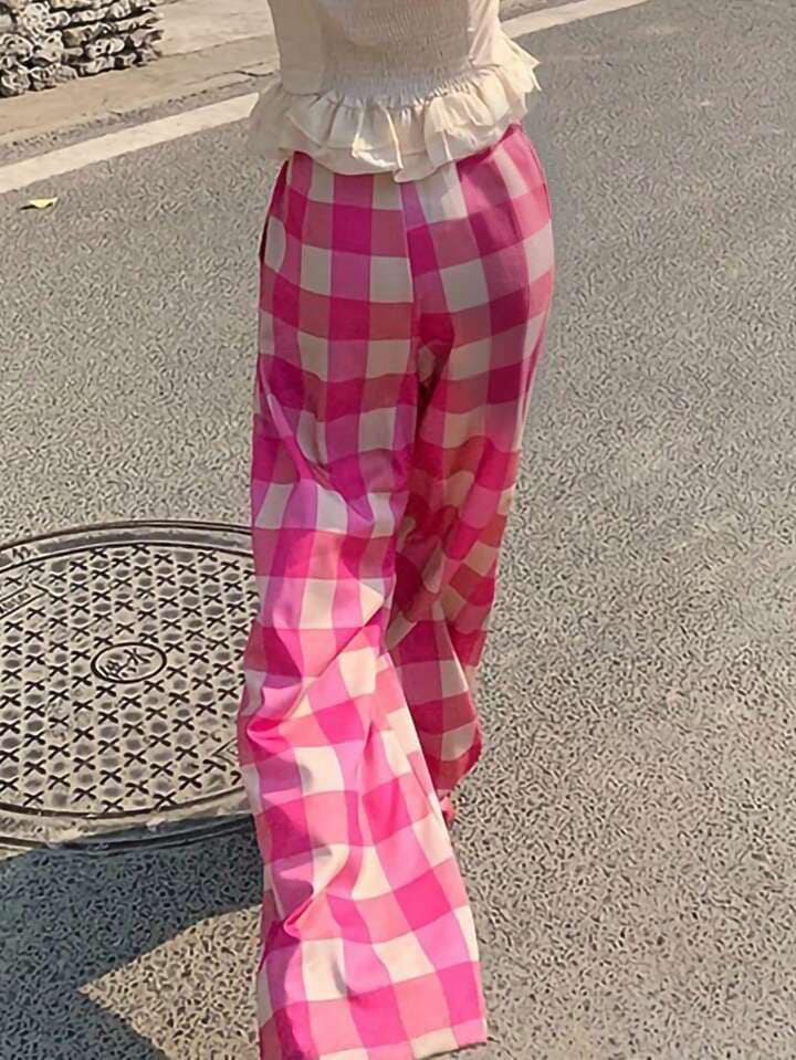 CM-BS653888 Women Trendy Bohemian Style Pocket Plaid Pleated Wide-Leg Loose Trousers