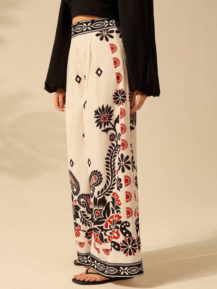 CM-BS137317 Women Trendy Bohemian Style High Waist Tropical Plants Prints Wide Leg Pants