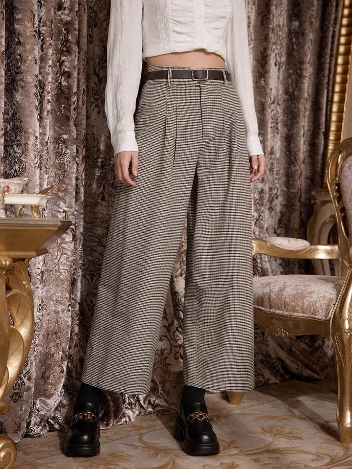 CM-BS368084 Women Casual Seoul Style Pleated Waist Vintage Plaid Wide Leg Pants - Khaki