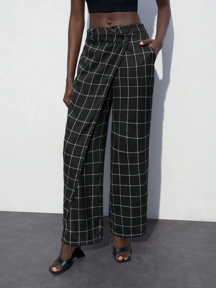 CM-BS537138 Women Casual Seoul Style High Waist Plaid Asymmetrical Straight Leg Pants