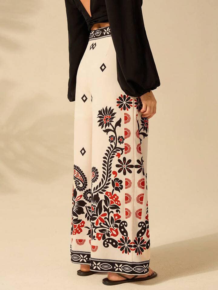 CM-BS137317 Women Trendy Bohemian Style High Waist Tropical Plants Prints Wide Leg Pants