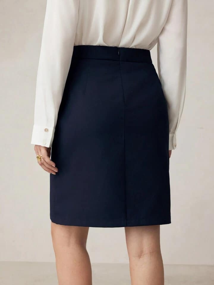 CM-BS033043 Women Casual Seoul Style Double-Breasted Metal Button Decor A-Line Skirt