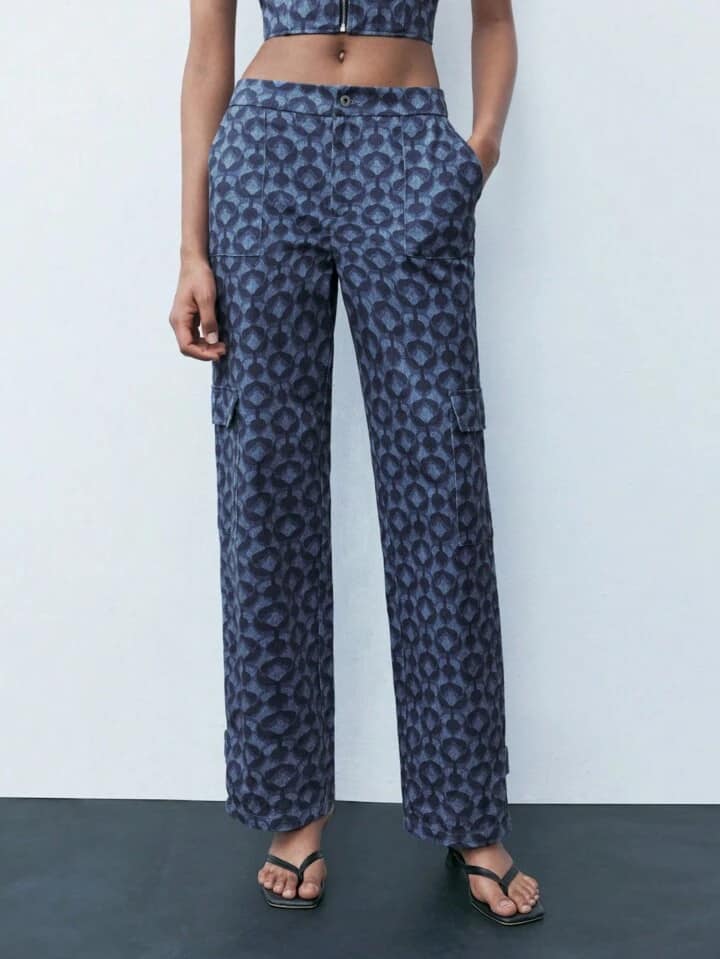 CM-BS800203 Women Casual Seoul Style All-Over Print Pockets Straight-Leg Pants - Blue