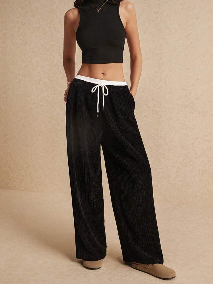 CM-BS353658 Women Casual Seoul Style Drawstring Splicing Corduroy Wide-Leg Pants - Black