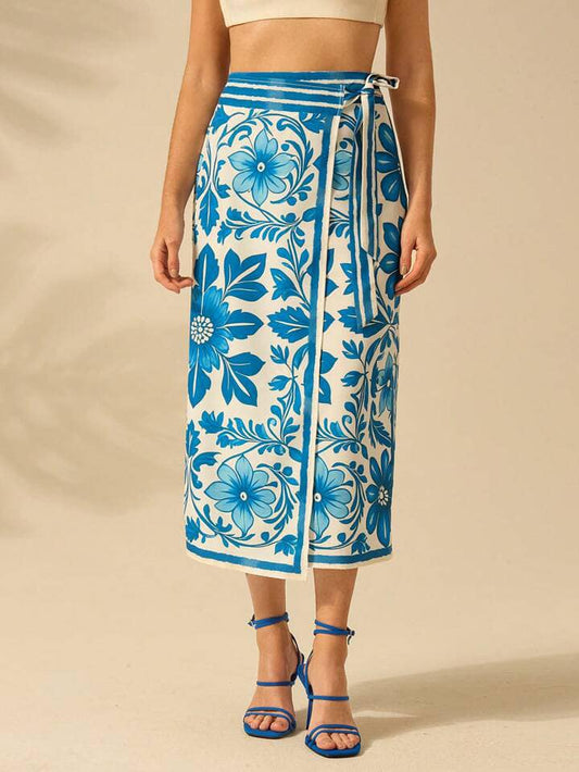 CM-BS578271 Women Trendy Bohemian Style Tropical Plants Prints Wrap Lace Up Skirt