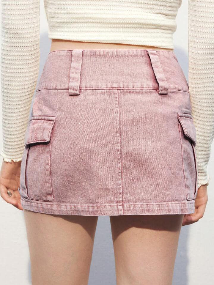 CM-BS044912 Women Casual Seoul Style Zipper Decor Waist Band Side Pocket Mini Skirt - Coral Pink