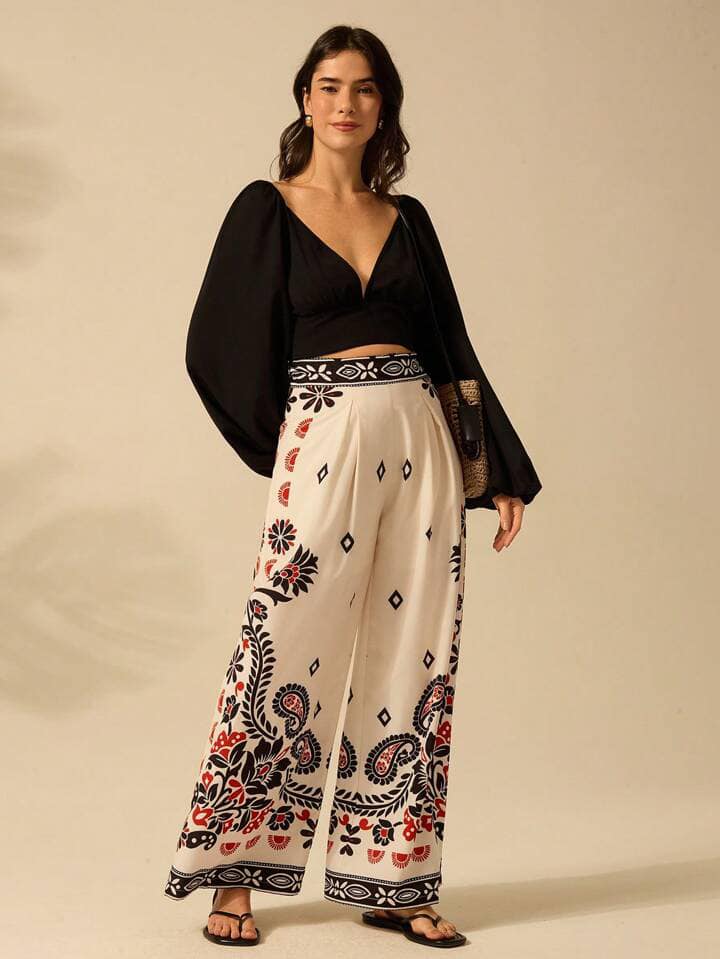 CM-BS137317 Women Trendy Bohemian Style High Waist Tropical Plants Prints Wide Leg Pants