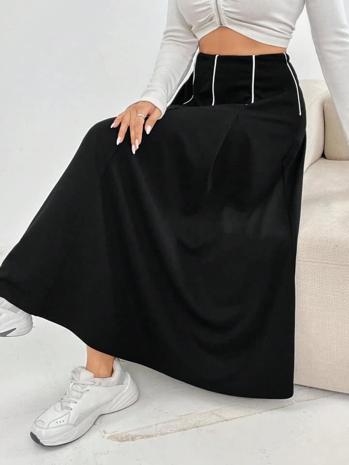 CM-BS762763 Women Casual Seoul Style High Waist Colorblock Striped A-Line Skirt - Black