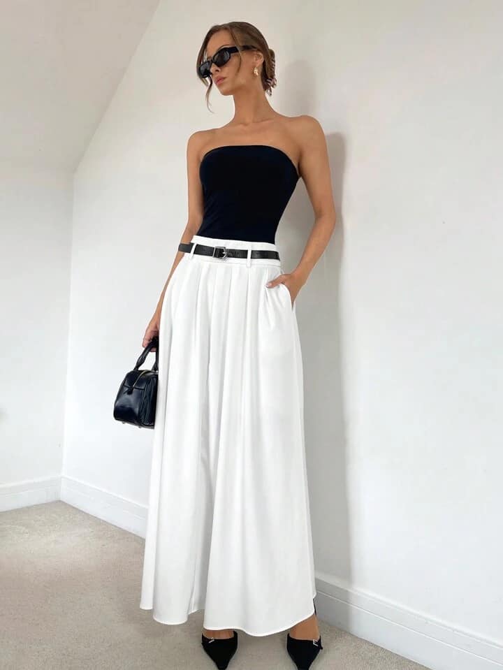 CM-BS030838 Women Casual Seoul Style Solid Color Pleated Pocket Long Skirt With Belt - White