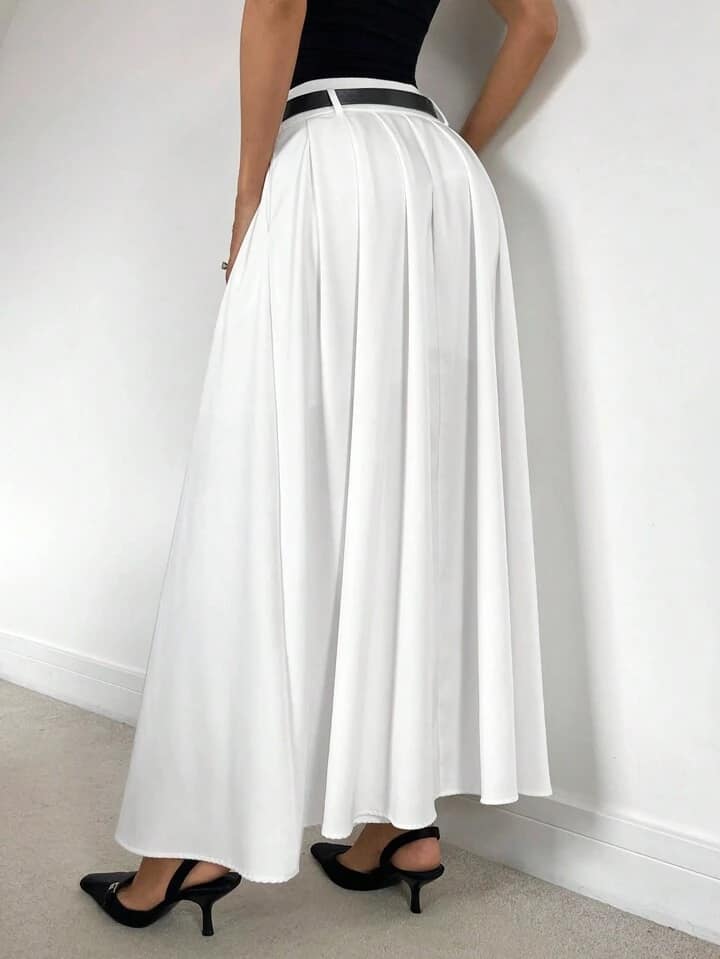 CM-BS030838 Women Casual Seoul Style Solid Color Pleated Pocket Long Skirt With Belt - White