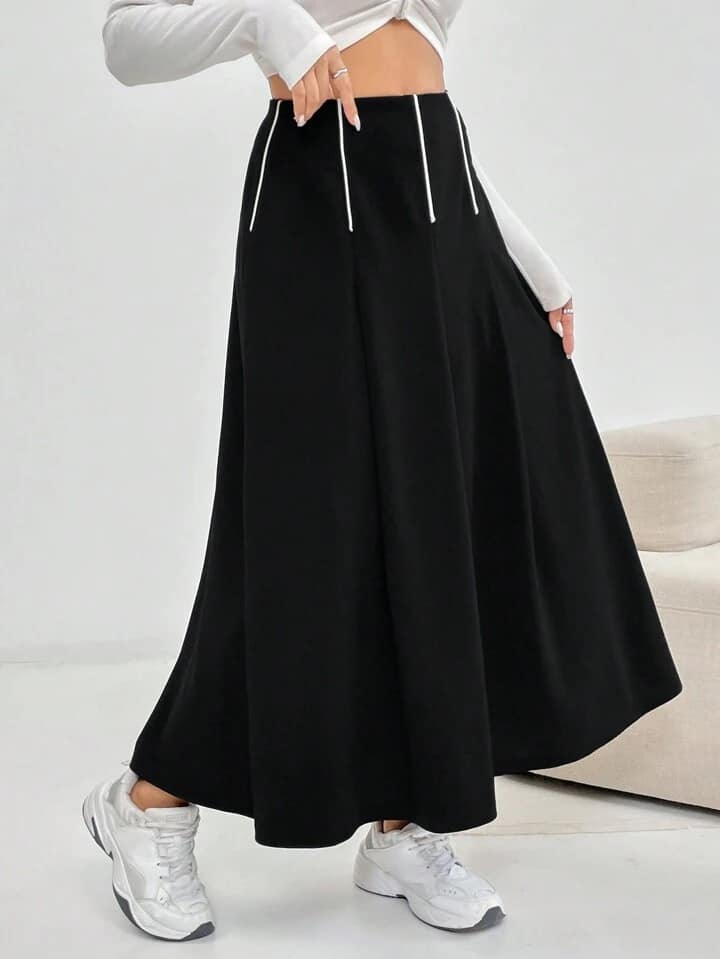 CM-BS762763 Women Casual Seoul Style High Waist Colorblock Striped A-Line Skirt - Black