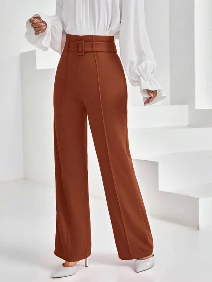 CM-BS435607 Women Casual Seoul Style Ultra High Waist Belt Loop Straight Trousers - Rust Brown