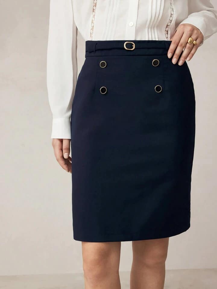 CM-BS033043 Women Casual Seoul Style Double-Breasted Metal Button Decor A-Line Skirt