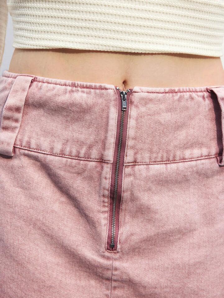 CM-BS044912 Women Casual Seoul Style Zipper Decor Waist Band Side Pocket Mini Skirt - Coral Pink