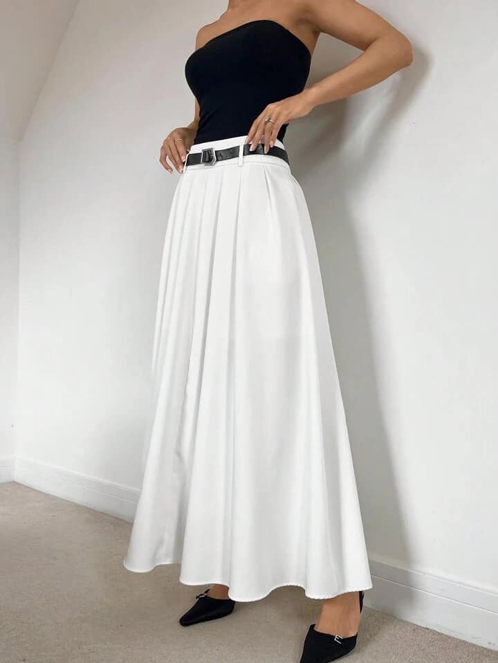 CM-BS030838 Women Casual Seoul Style Solid Color Pleated Pocket Long Skirt With Belt - White