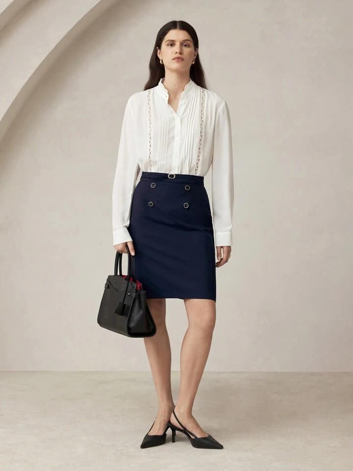 CM-BS033043 Women Casual Seoul Style Double-Breasted Metal Button Decor A-Line Skirt