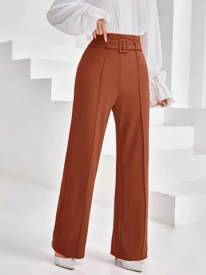 CM-BS435607 Women Casual Seoul Style Ultra High Waist Belt Loop Straight Trousers - Rust Brown