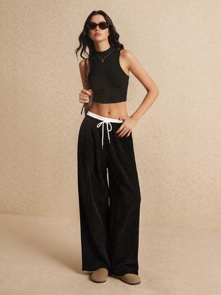 CM-BS353658 Women Casual Seoul Style Drawstring Splicing Corduroy Wide-Leg Pants - Black