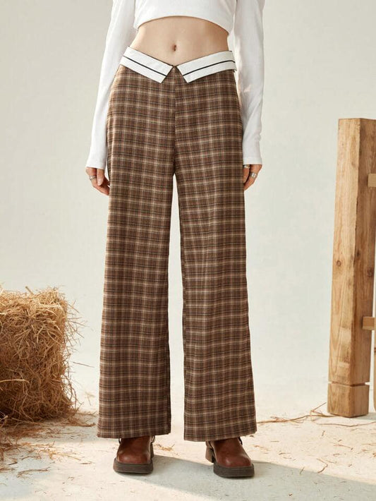 CM-BS887686 Women Casual Seoul Style Plaid Fold-Over Waist Straight Leg Pants - Brown