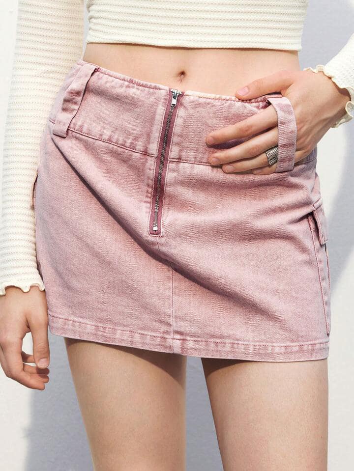 CM-BS044912 Women Casual Seoul Style Zipper Decor Waist Band Side Pocket Mini Skirt - Coral Pink