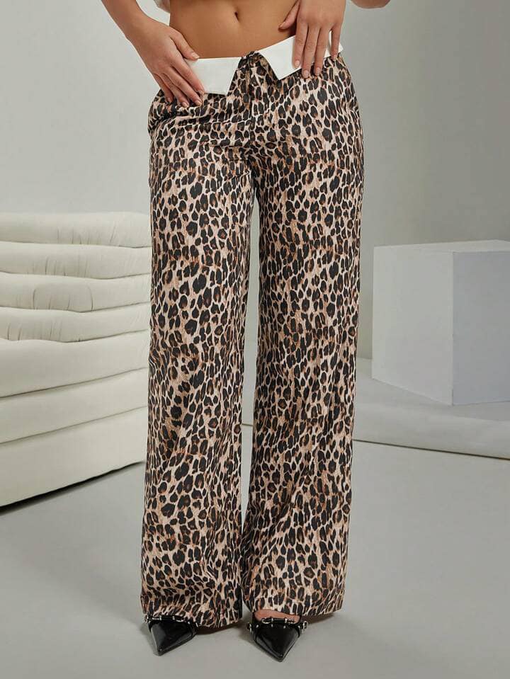 CM-BS409582 Women Casual Seoul Style Turn-Down All-Over Print Floor-Length Pants - Brown