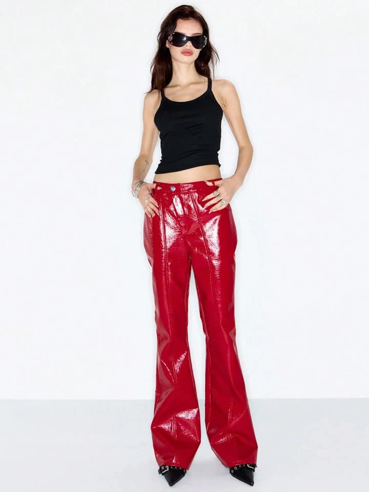 CM-BS622385 Women Elegant Seoul Style PU Fit Flare High Waisted Trousers - Red