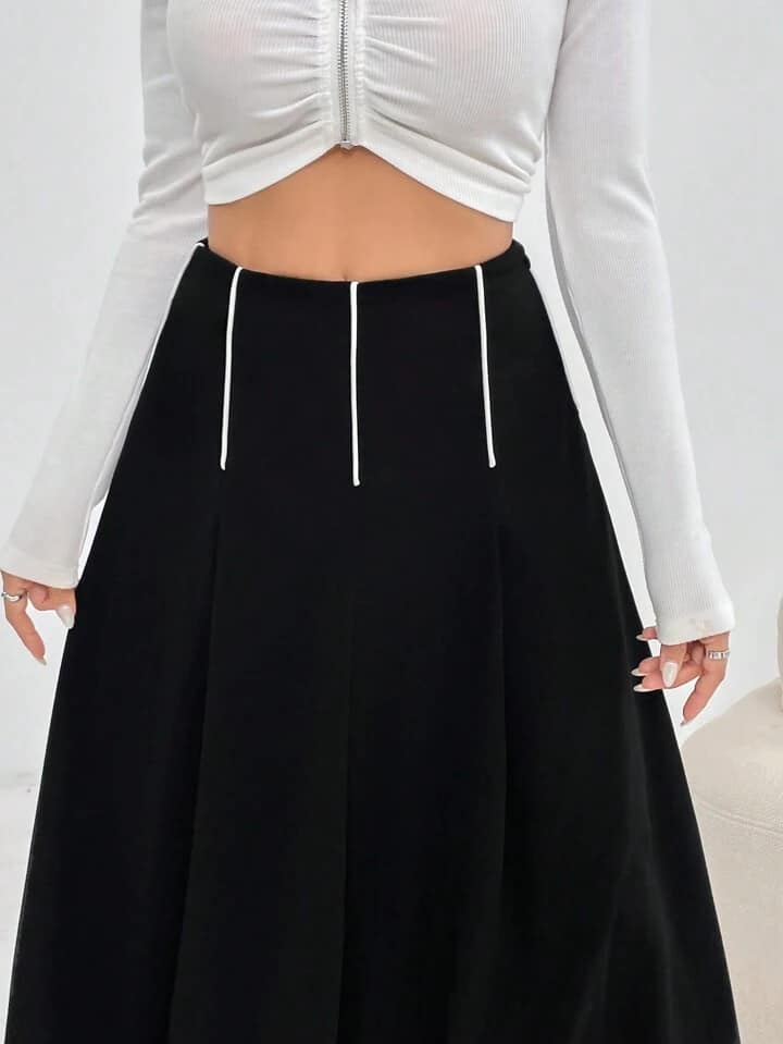 CM-BS762763 Women Casual Seoul Style High Waist Colorblock Striped A-Line Skirt - Black