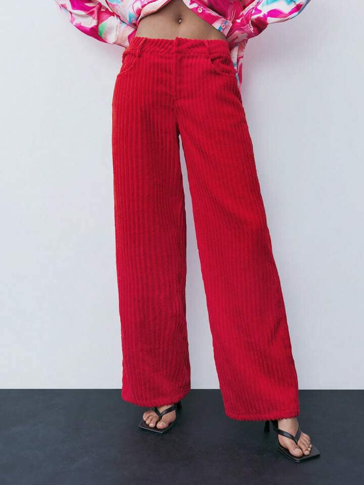 CM-BS642330 Women Casual Seoul Style Solid Color Pocketed Straight Leg Pants - Red