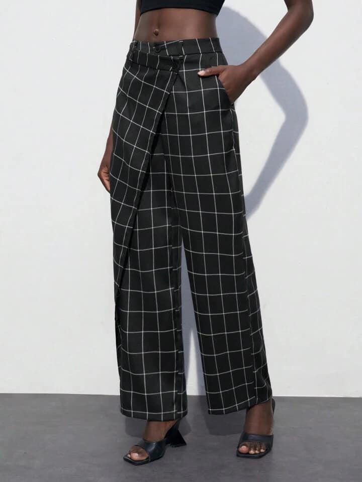 CM-BS537138 Women Casual Seoul Style High Waist Plaid Asymmetrical Straight Leg Pants