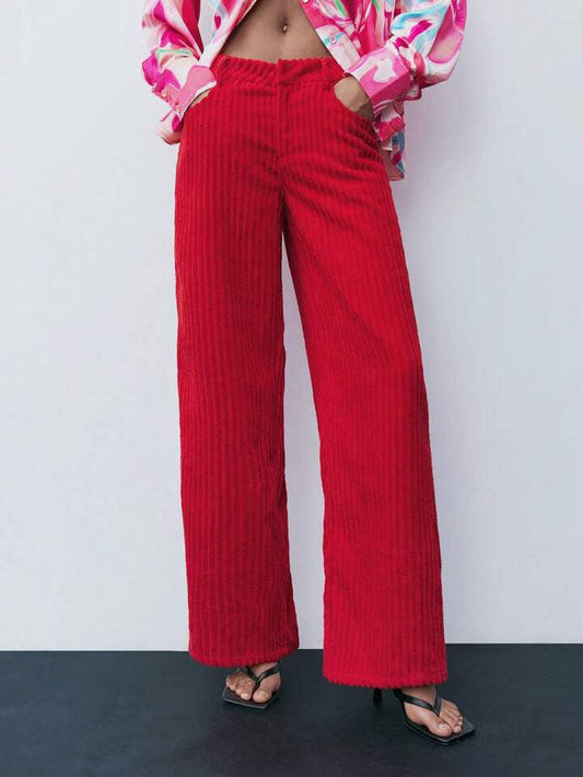 CM-BS642330 Women Casual Seoul Style Solid Color Pocketed Straight Leg Pants - Red