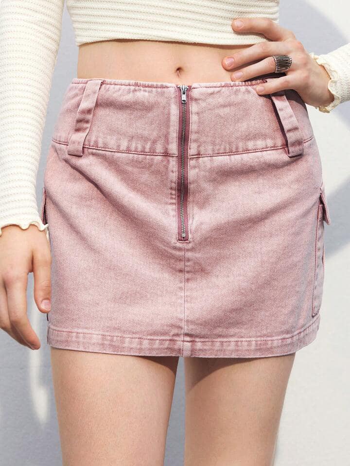 CM-BS044912 Women Casual Seoul Style Zipper Decor Waist Band Side Pocket Mini Skirt - Coral Pink