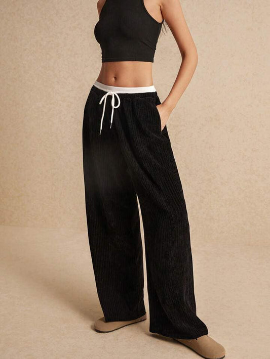 CM-BS353658 Women Casual Seoul Style Drawstring Splicing Corduroy Wide-Leg Pants - Black