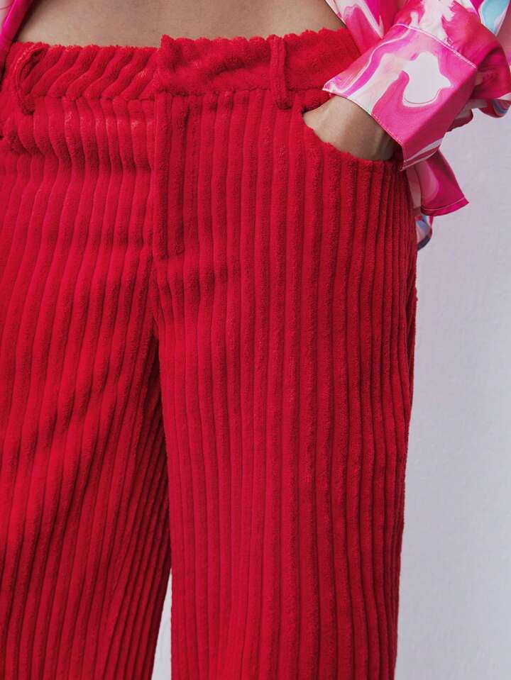 CM-BS642330 Women Casual Seoul Style Solid Color Pocketed Straight Leg Pants - Red