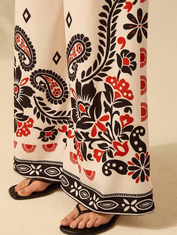 CM-BS137317 Women Trendy Bohemian Style High Waist Tropical Plants Prints Wide Leg Pants