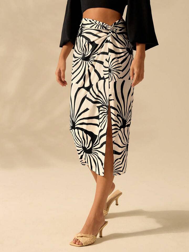 CM-BS948531 Women Trendy Bohemian Style High Waist Tropical All-Over Print Midi Skirt