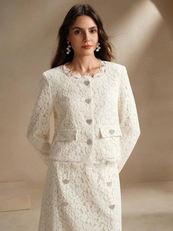 CM-SS777212 Women Elegant Seoul Style Round Neck Long Sleeve Lace Coat With A-Line Skirt - Set