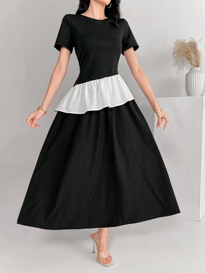 CM-SS255489 Women Casual Seoul Style Crew Neck Short Sleeve Ruffle Hem Top With Long Maxi Skirt - Set