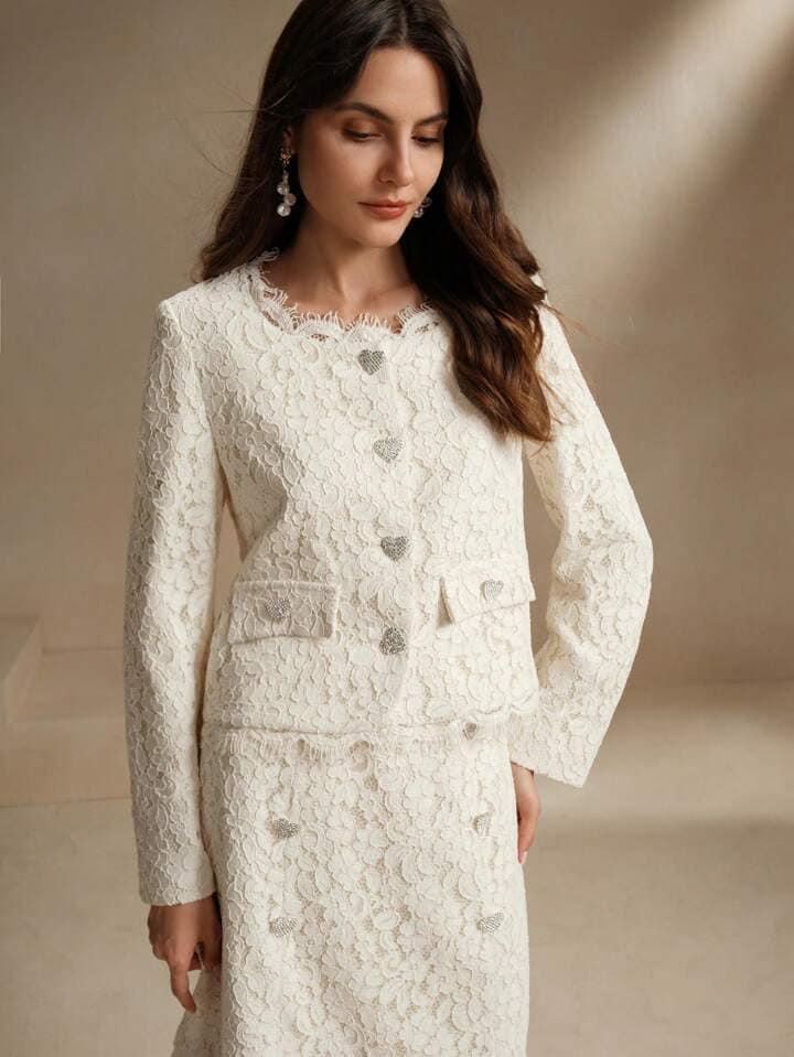 CM-SS777212 Women Elegant Seoul Style Round Neck Long Sleeve Lace Coat With A-Line Skirt - Set