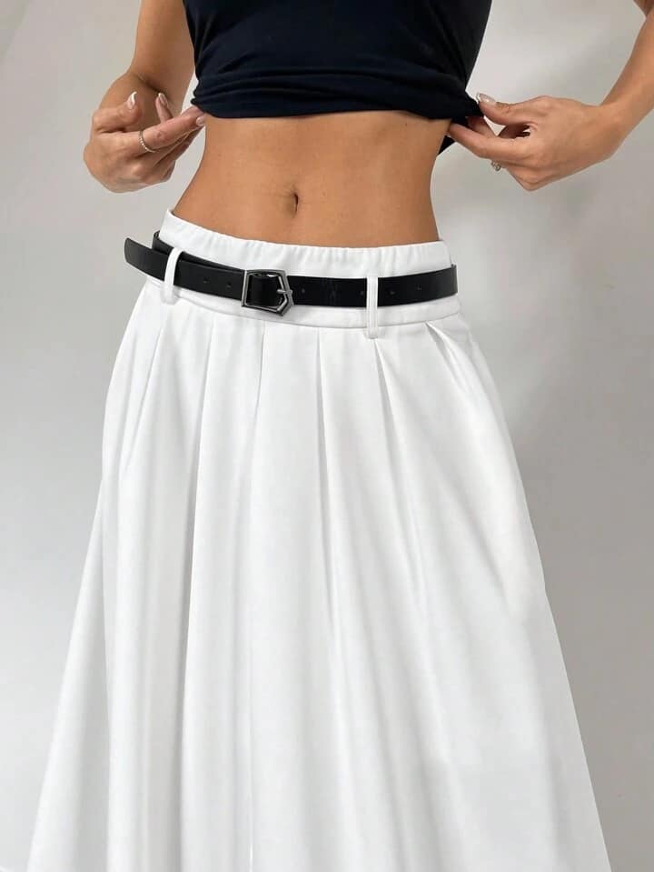 CM-BS030838 Women Casual Seoul Style Solid Color Pleated Pocket Long Skirt With Belt - White