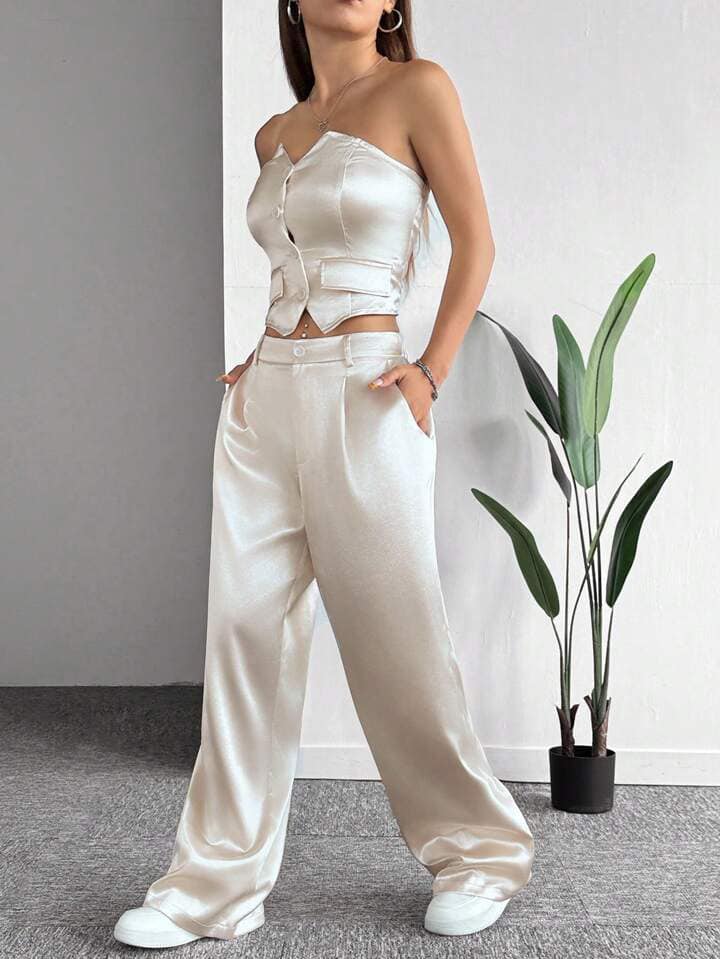 CM-SS047541 Women Elegant Seoul Style Single Breasted Sleeveless Top With Pocket Cargo Pants - Set