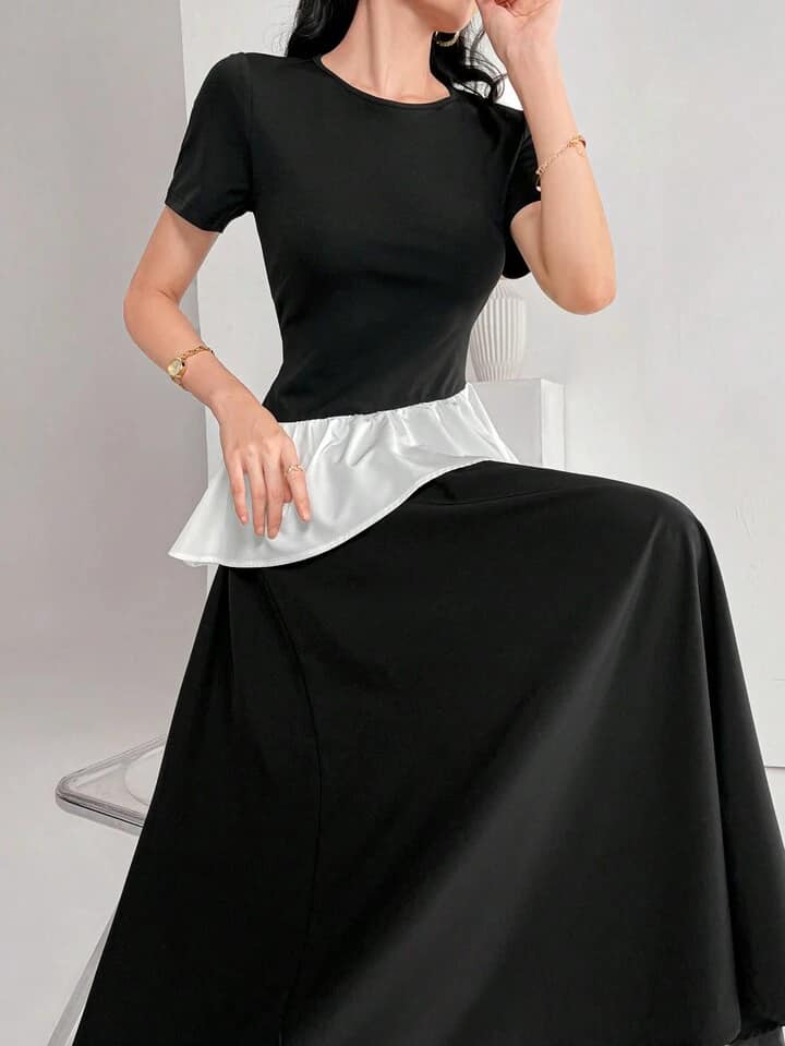 CM-SS255489 Women Casual Seoul Style Crew Neck Short Sleeve Ruffle Hem Top With Long Maxi Skirt - Set