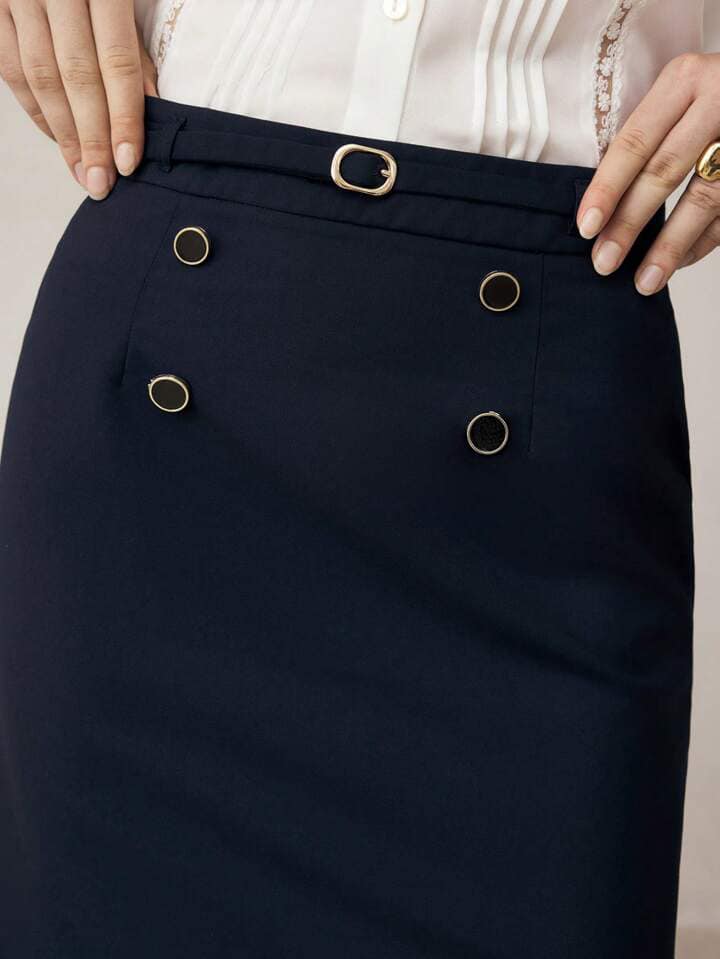 CM-BS033043 Women Casual Seoul Style Double-Breasted Metal Button Decor A-Line Skirt