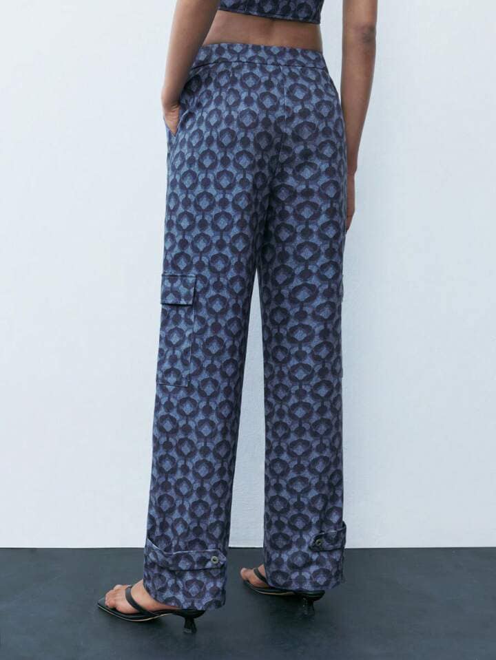 CM-BS800203 Women Casual Seoul Style All-Over Print Pockets Straight-Leg Pants - Blue