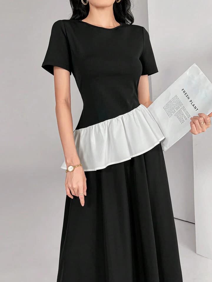 CM-SS255489 Women Casual Seoul Style Crew Neck Short Sleeve Ruffle Hem Top With Long Maxi Skirt - Set