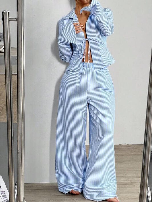 CM-SS344243 Women Casual Seoul Style Tied Stripe Shirt With Loose Wide Leg Pants - Set