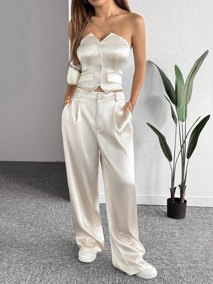 CM-SS047541 Women Elegant Seoul Style Single Breasted Sleeveless Top With Pocket Cargo Pants - Set